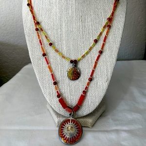 Handmade Beaded Layered Necklace with Beads and 2 Silver plated Sun Charms.